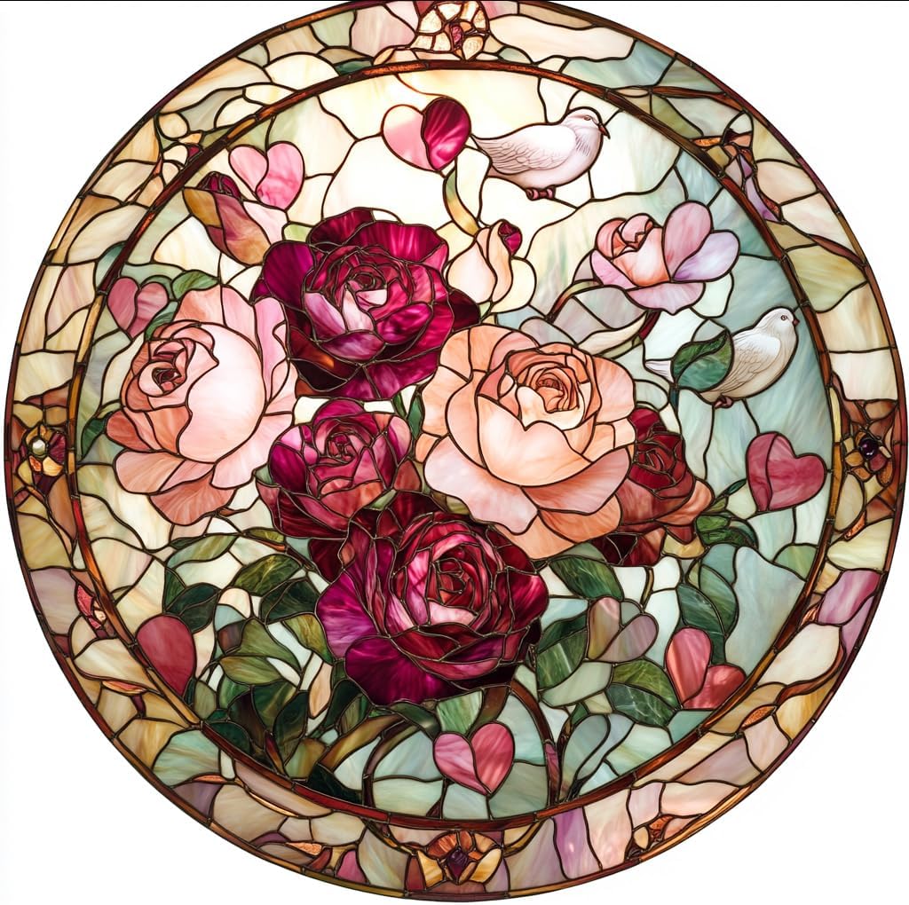 Valentine Blooming Roses Stained Glass Window Hanging Window Suncatcher 12" Glass Panel with Metal Chain Sun Catchers Wall Art Home Decor Gift for Women Mother's Day