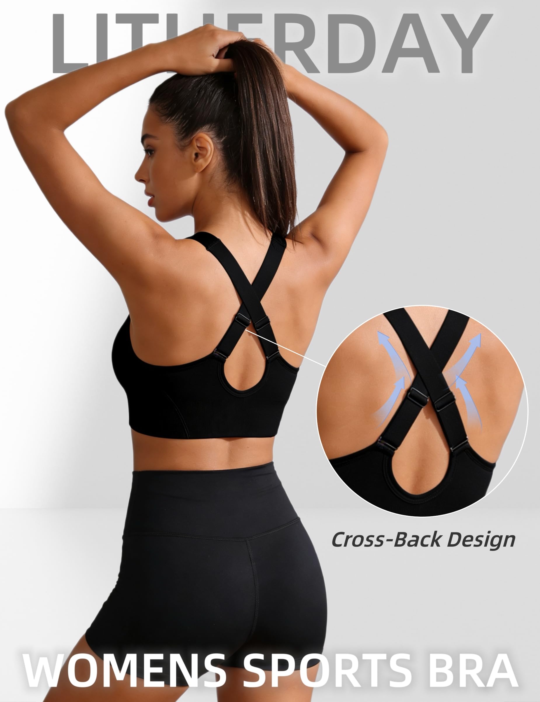 Litherday Damski biustonosz sportowy z wysokim uderzeniem bez fiszbin krzyżowy sportowy top do jogi fitness push up z wyjmowanymi wkładkami S-XXL