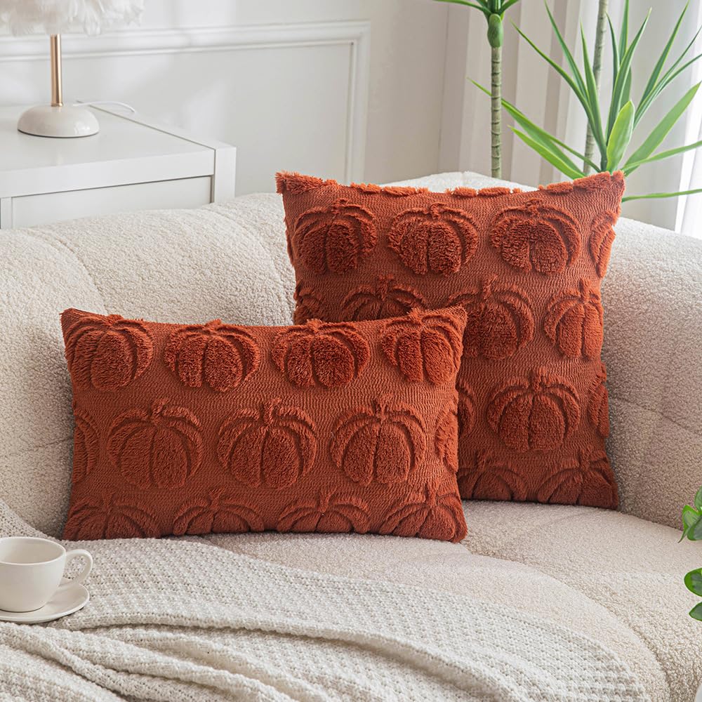 Plancholo Fall Pumpkin Decorative Throw Pillow Covers Set of 2 Soft Plush Faux Fur Wool Pillowcases for Sofa Couch (Rust, 18x18 Inch)