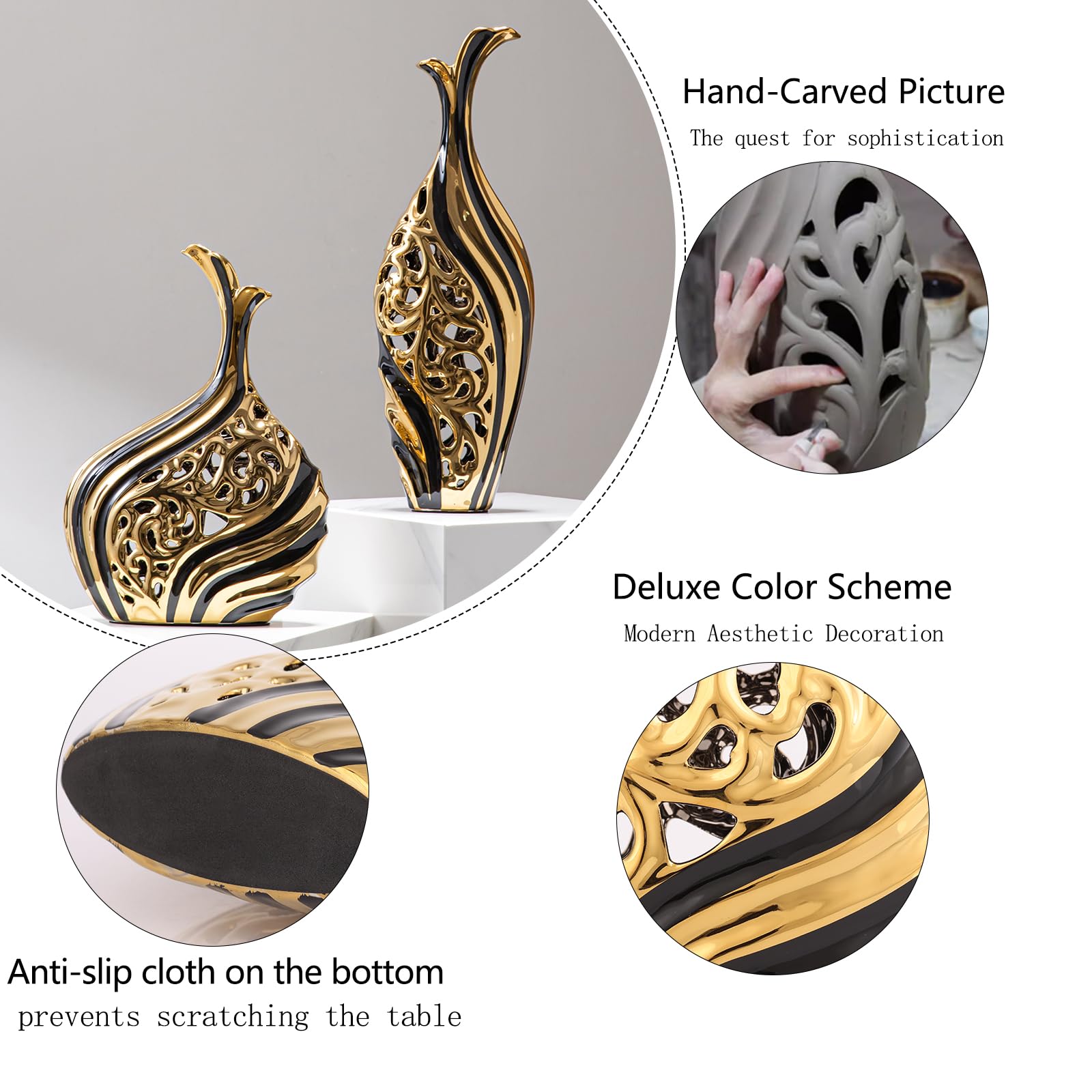 LCCCK Jarrón Alto Decorativo de Piso de 38 cm de Altura, Moderno Jarrón Grande de Piso Negro y Dorado, Decoración Premium para Bodas, Jarrón de Flores Individuales para Hierba de Las Pampas