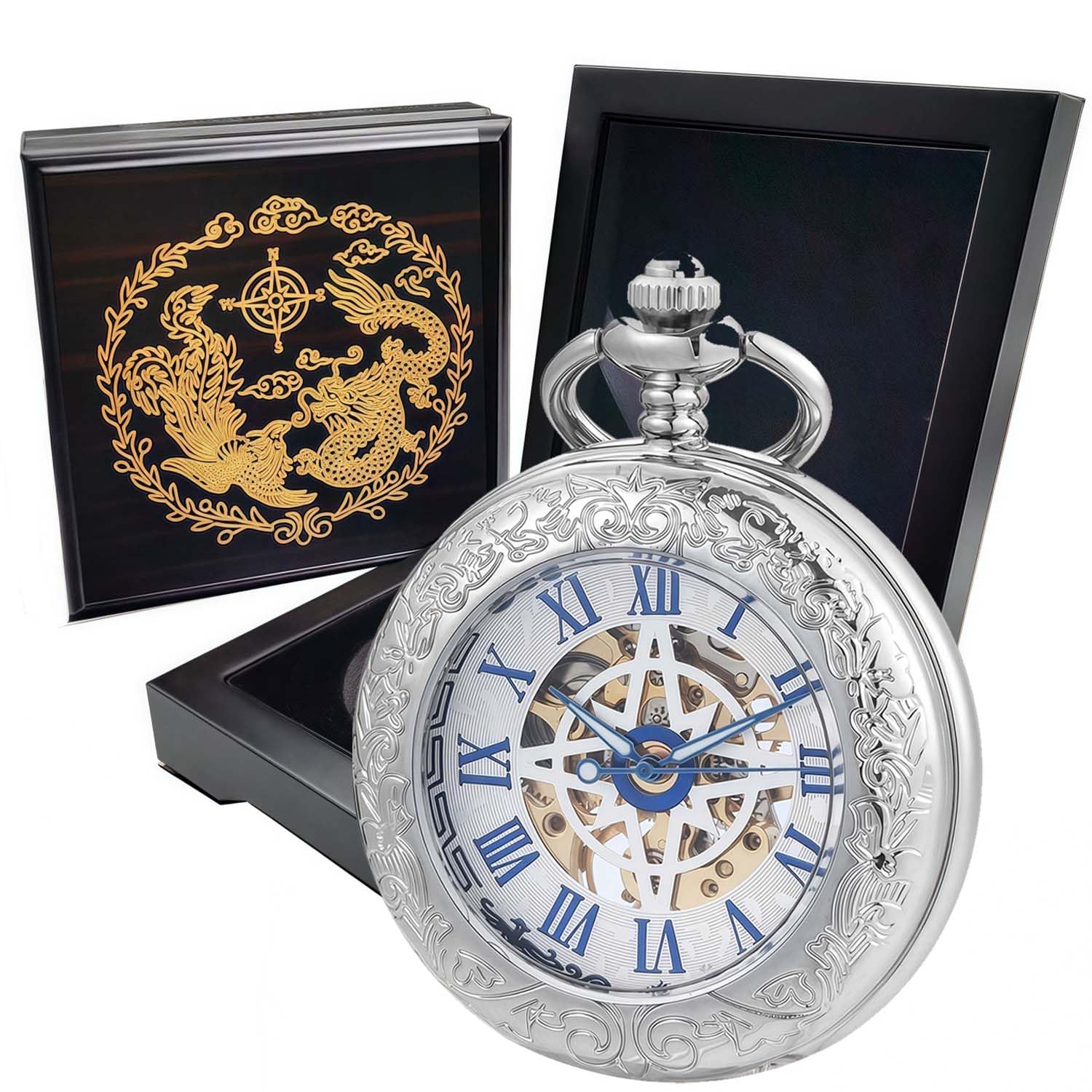 Orologio da tasca meccanico, per uomo e donna, con lente d'ingrandimento speciale, cassa incisa, numeri romani con catena