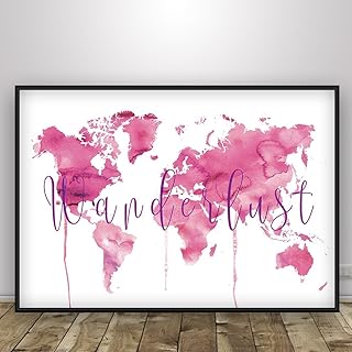 World Map Print Wanderlust, Pink Watercolor Globe, World Map Unique Design Poster Print Traveler, Geography art, Modern Large Earth Atlas Graphic, Unframed print