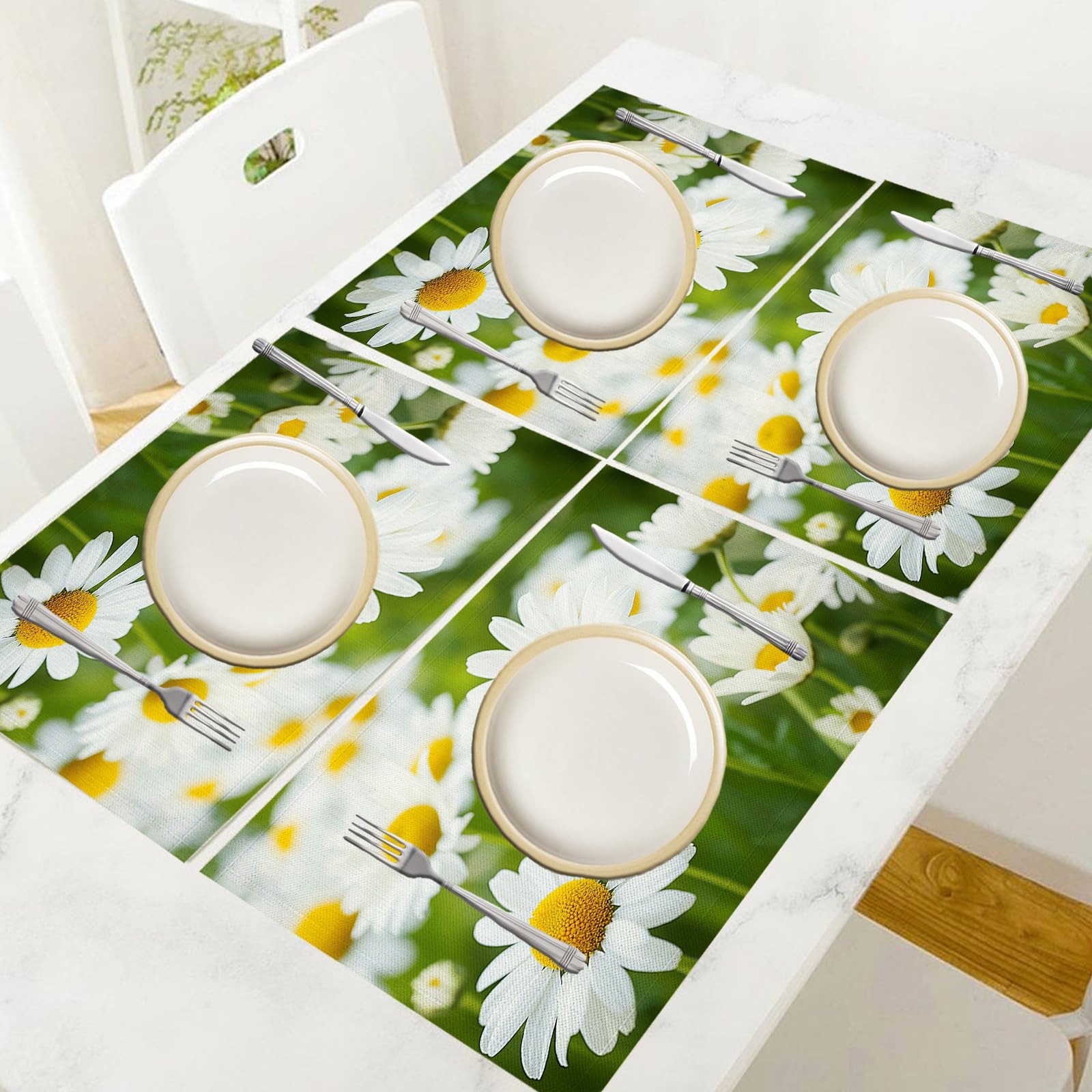30×45cm Tovaglietta Americana Fiori eleganti in Cotone Lino Rettangolare - Tovagliette Set di 8 Campo di margherite bianche Resistente al Calore per La Cucina, Il L'Ufficio