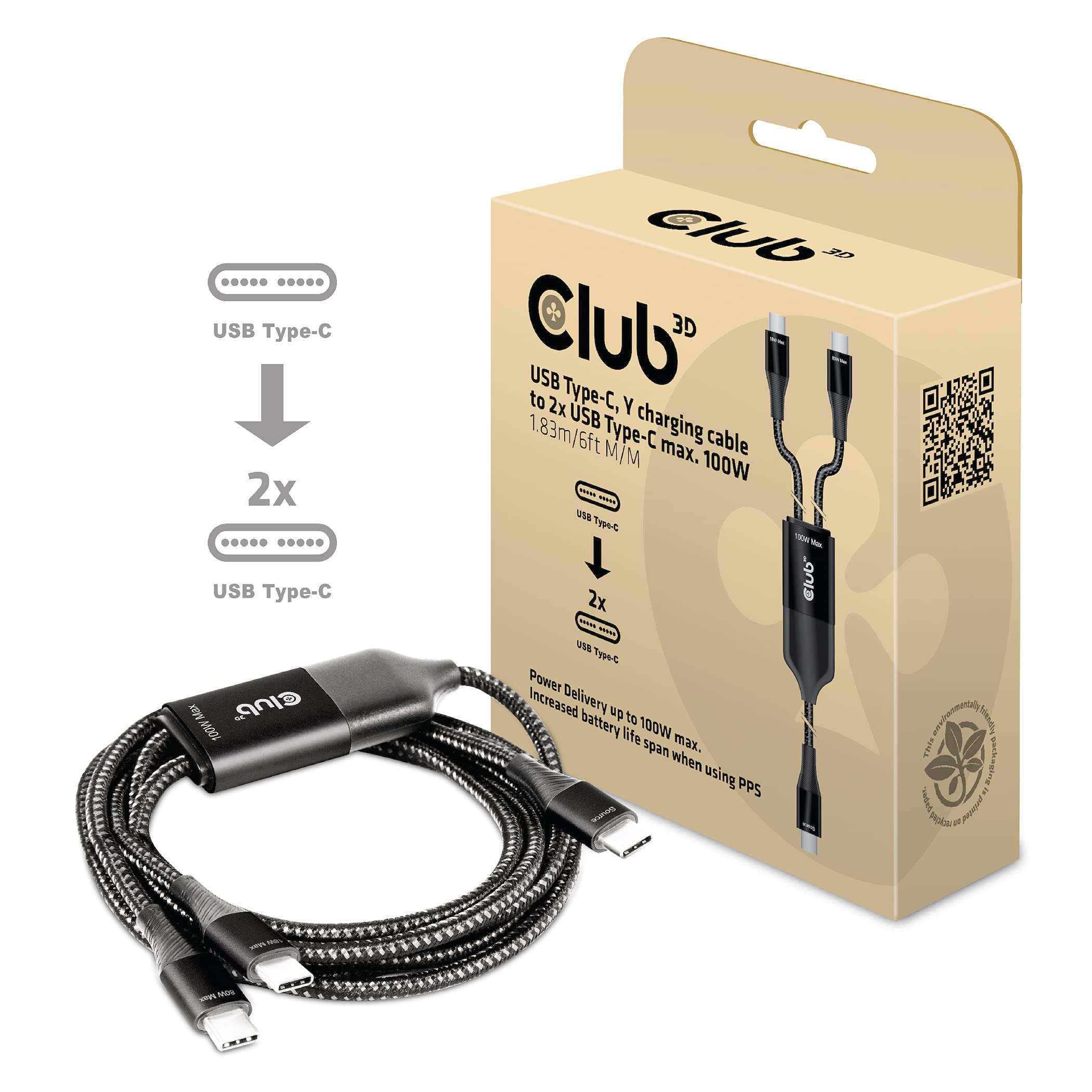 CABLE DE CARGA CLUB3D USB TIPO C 2X TIPO C 1,83M 100W PC/PC