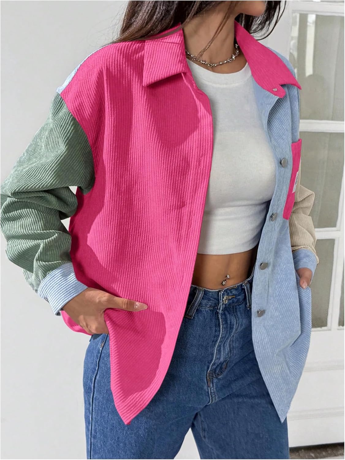 OYOANGLE Women's Plus Size Corduroy Jacket Button Down Shirts Boyfriend Long Sleeve Drop Shoulder Colorblock Blouses Coats - Image 5