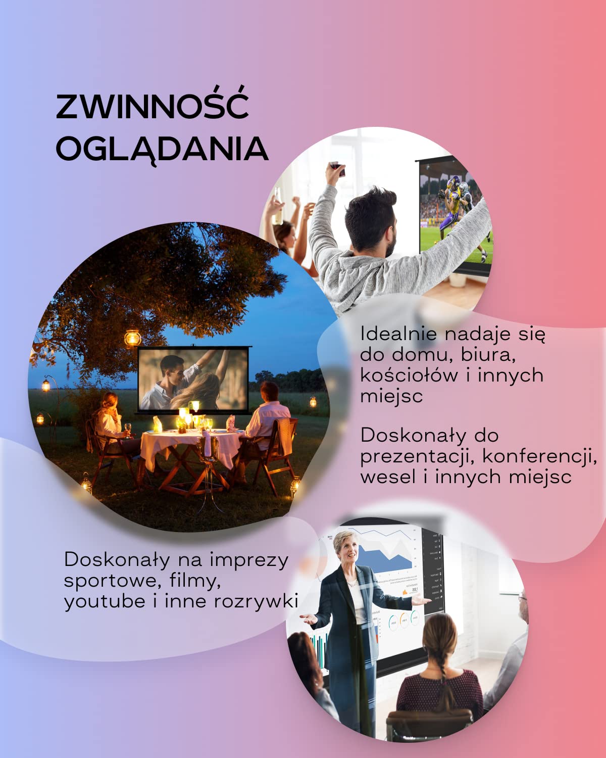 PropVue Ekran projektorowy z podstawą 84" - Ekran projekcyjny do wewnątrz i na zewnątrz do prezentacji filmowej lub biurowej - 16:9 HD Premium bez zmarszczek z statywem i mocnym paskiem, z torbą