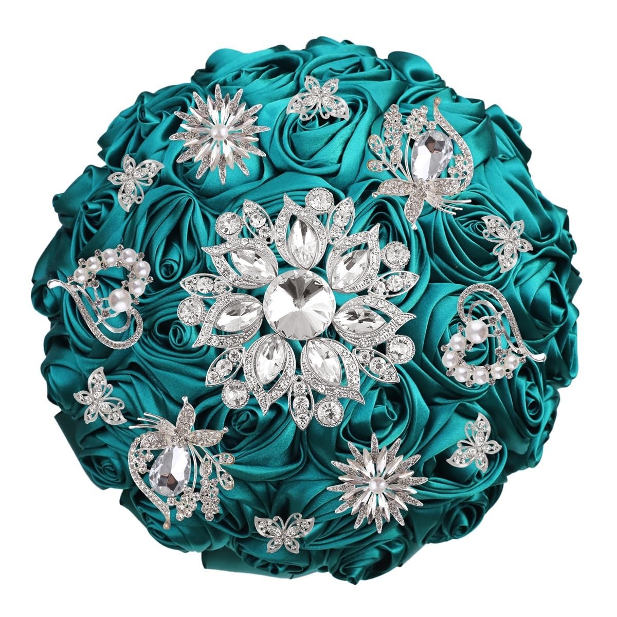 Kunyos Teal Red Bridal Wedding Bouquet, Artificial Rose Decoration With Rhinestone Pearl, Romantic Wedding Flowers For Bride Bridesmaid Holding(Teal)
