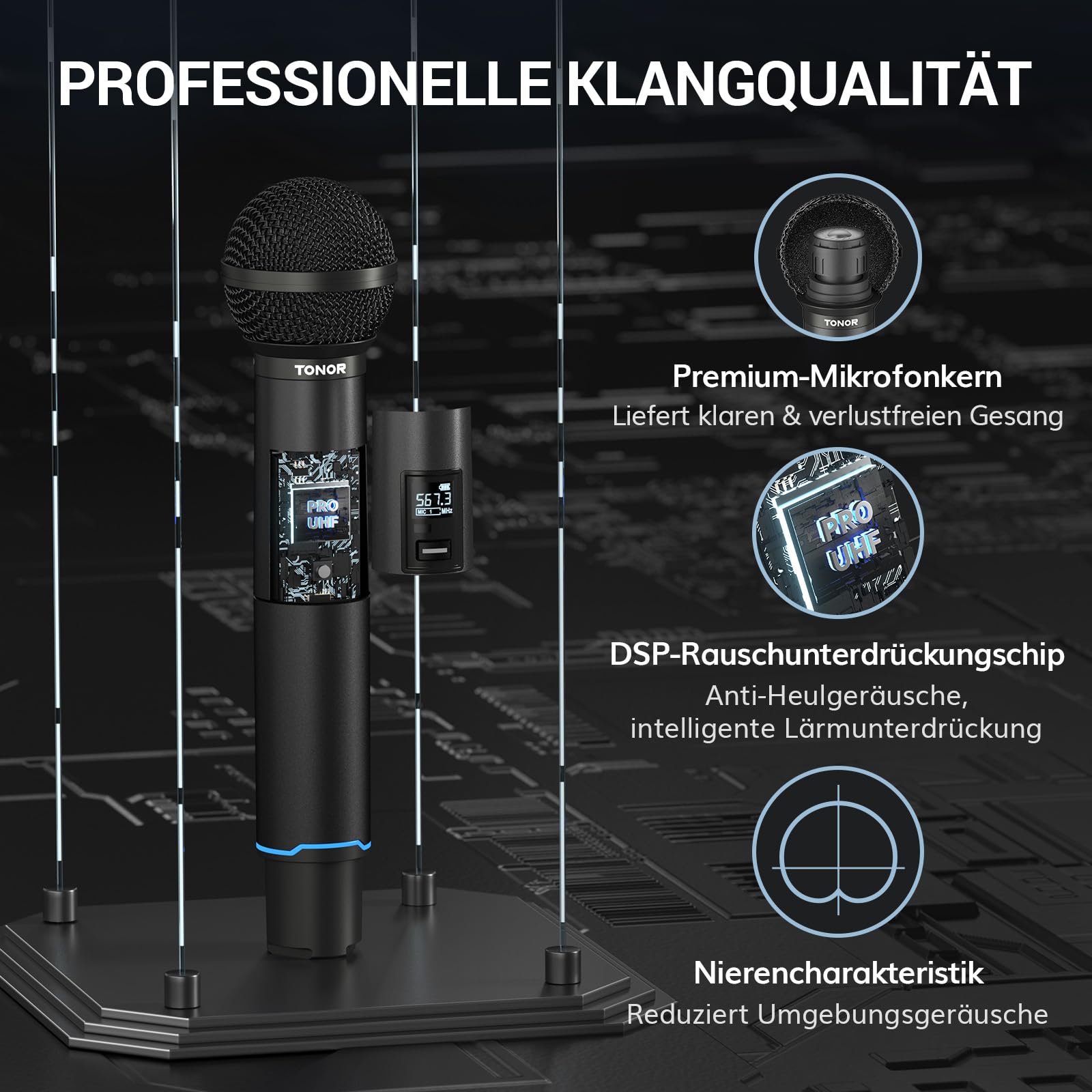 TONOR TW720 Drahtloses Mikrofon Set, Bluetooth Wiederaufladbares UHF Funkmikrofon, 2x25 Einstellbar, 100 m