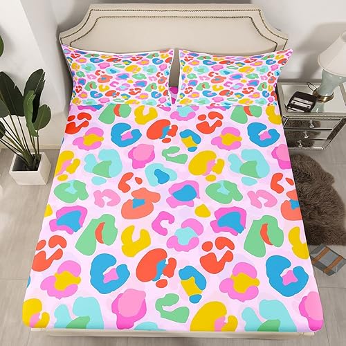 Erosebridal Sábanas de cama con estampado de leopardo para niñas para dormitorio de niños, sábana bajera con estampado de guepardo rosa, tamaño