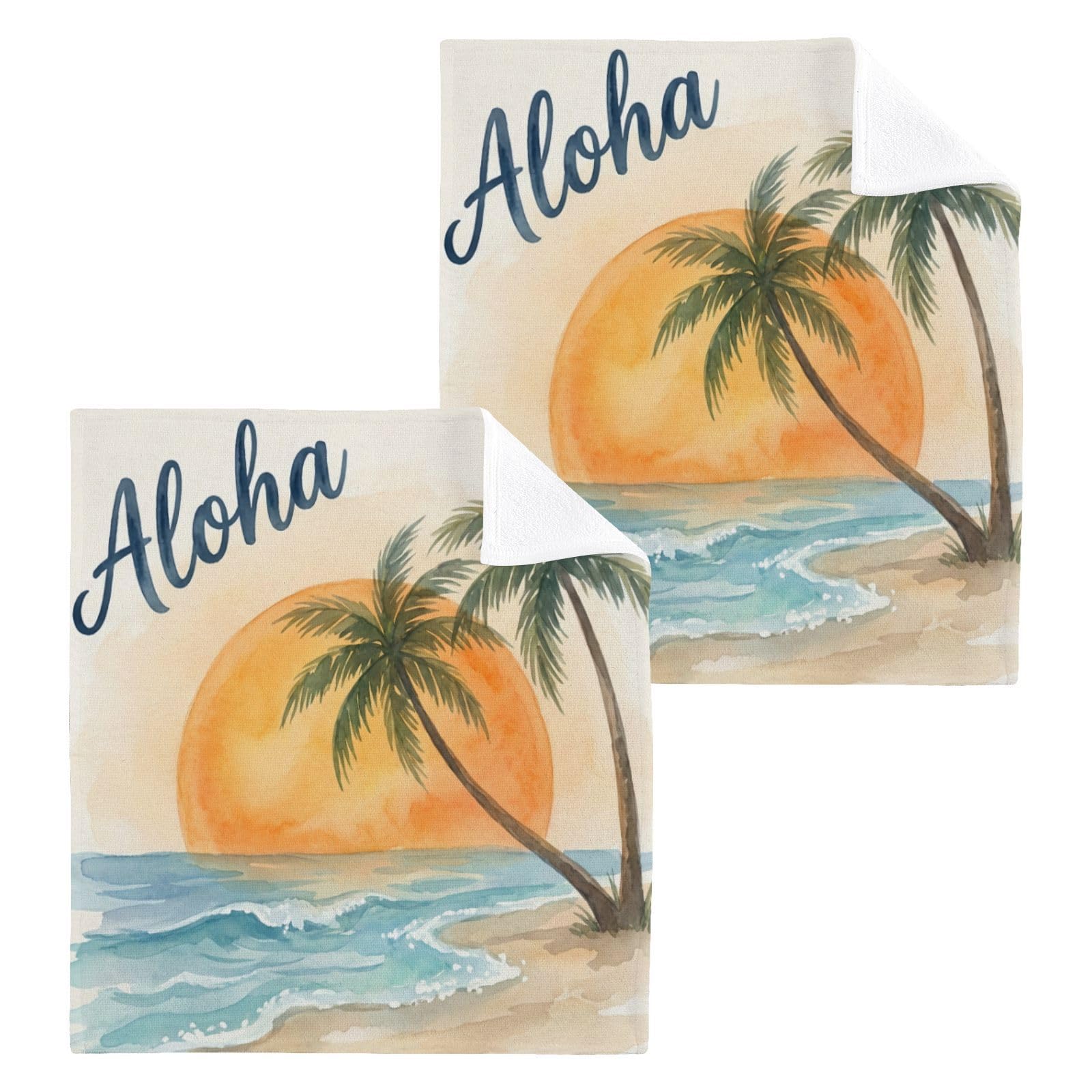 BOESI Watercolor Beach Print 12x12in Cotton Washcloth,Face Towel