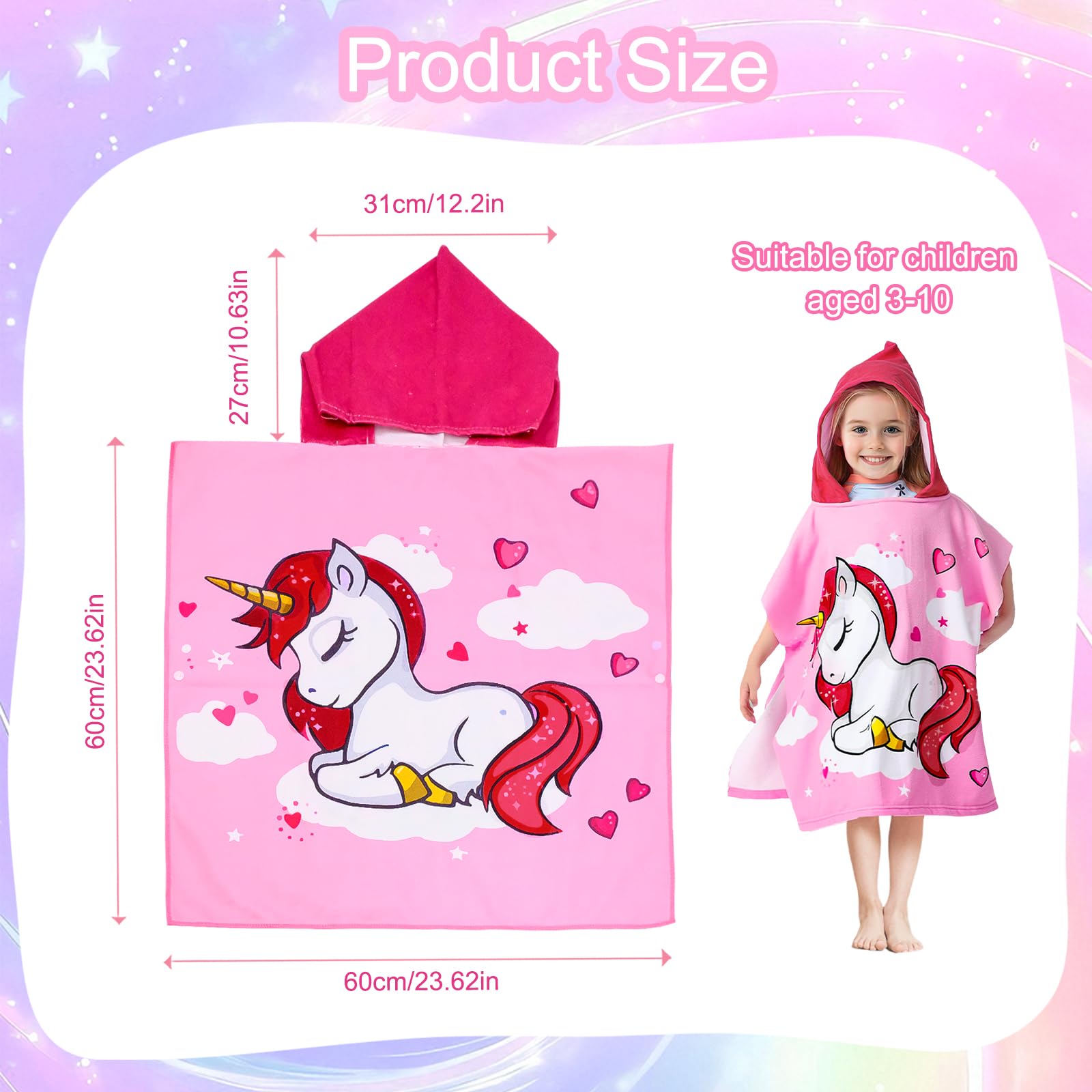 Uryxery Kids Hooded Poncho Towel - Pink Unicorn, 23.6×47.2in (60×120cm) for 3-10 Years, Soft Microfiber Cover for Beach Pool & Bath - Image 2
