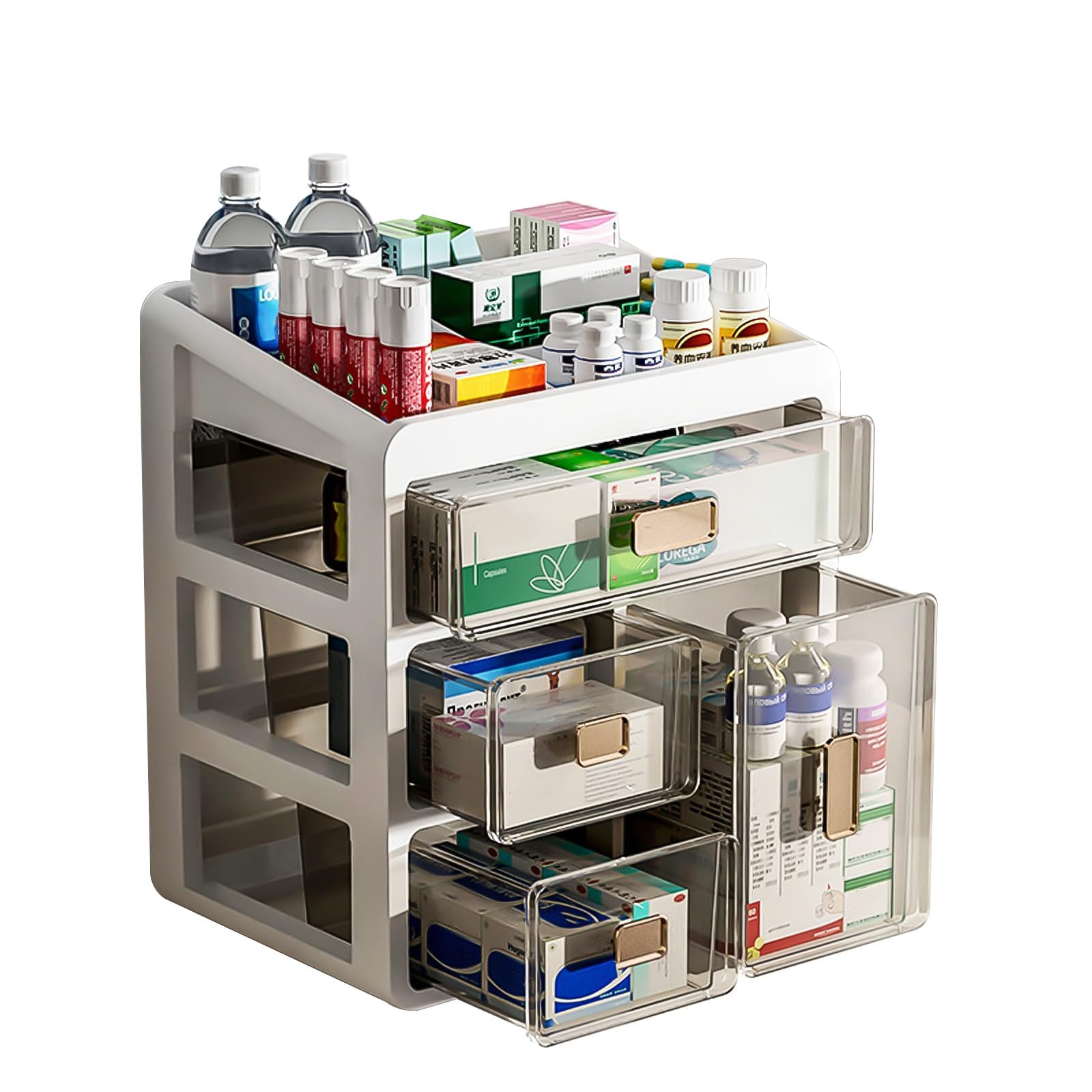 Scatola Porta Oggetti 4 Livelli, Box Medicina Organizzatore per Casa Ufficio e Viaggi, Cassetto Multiuso Trasparente per Farmaci, Trucchi, Attrezzi, Utensili, Materiale da Disegno