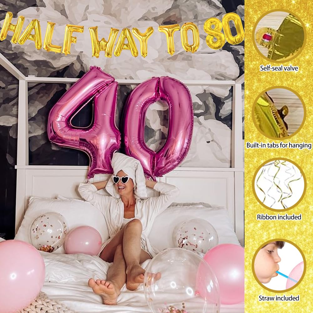 40th Birthday Banner - Half Way To 80 Gold Glitter Sign, Party Decor For Women & Men
