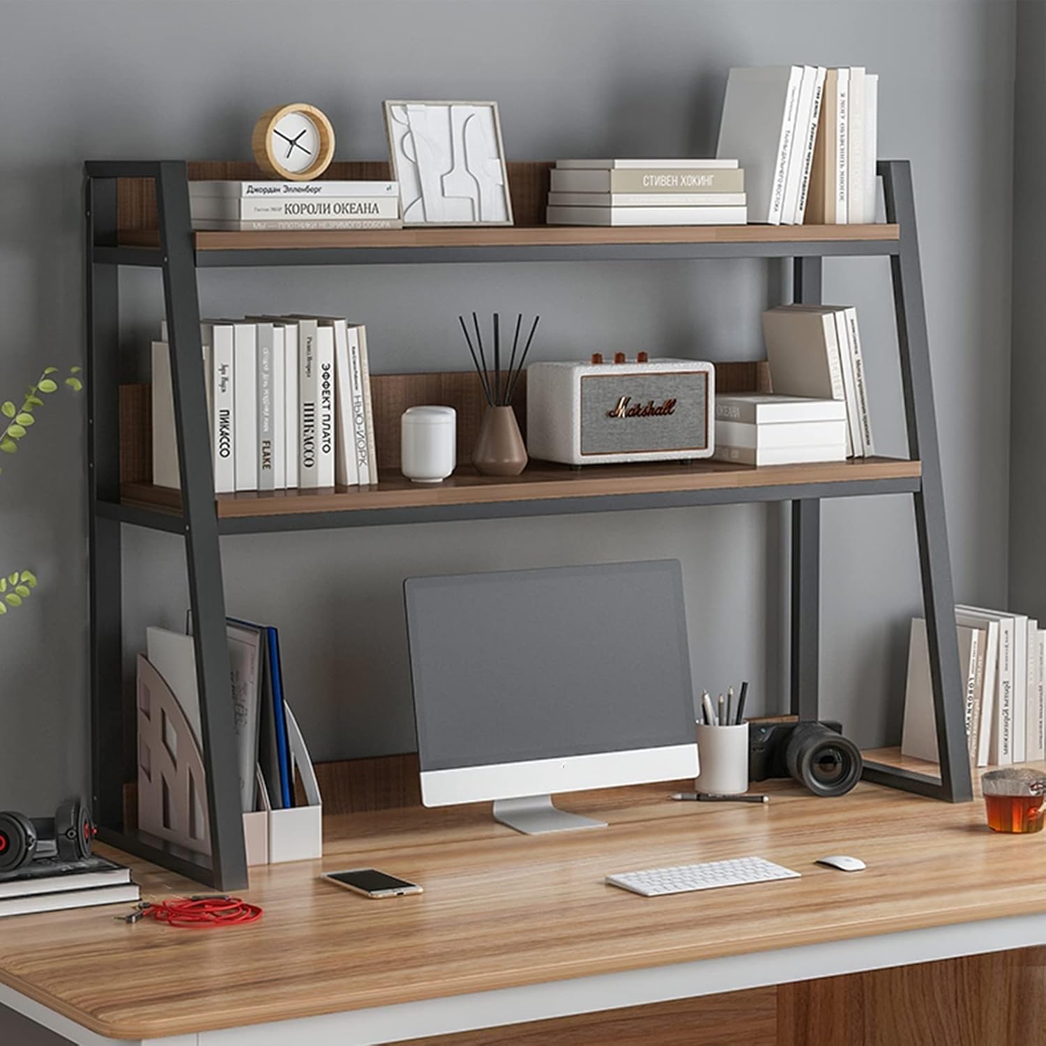 GUODDM Computer Desktop Bookrack Hutch 2Tier Multipurpose Ladder