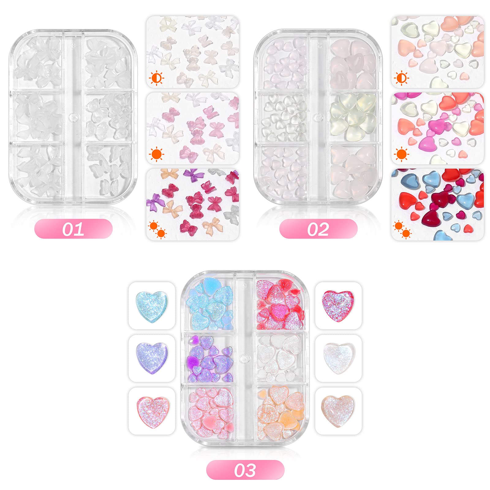 XEAOHESY3 Boxes Light Change 3D Bow Nail Charms Bow Tie Charms for Nails Heart Nail Charms Butterfly Nail Charms for Acrylic Nails Nail Heart Charms for Women Girls