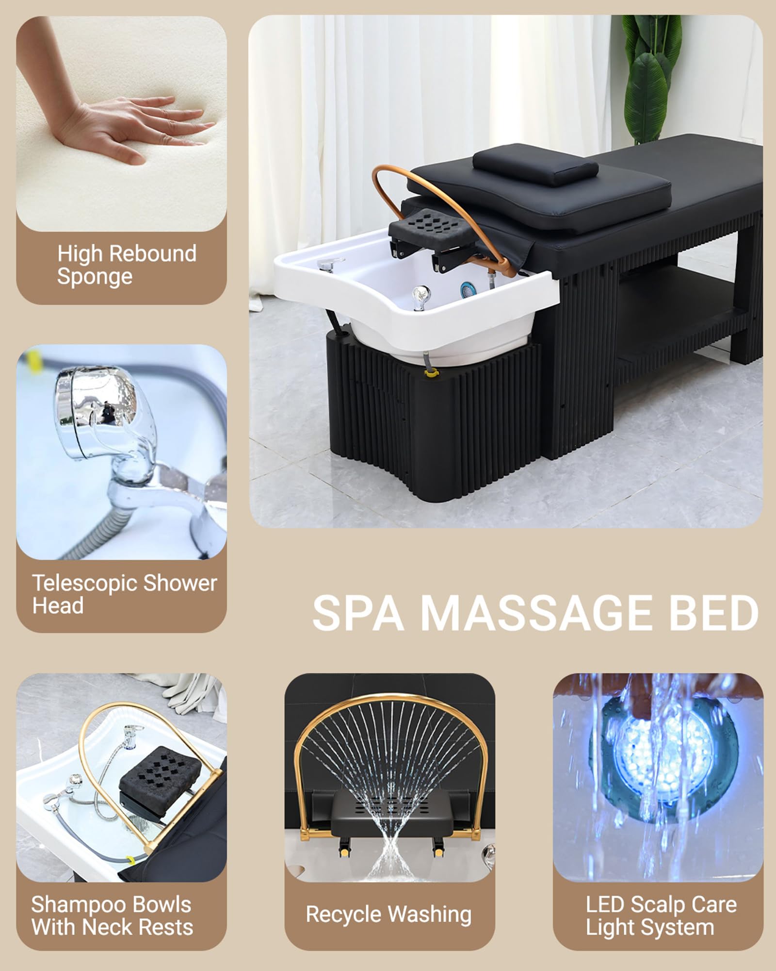 Lettino per Shampoo, Lettino per Massaggi Head Spa con Vaporizzatore Da 2,5 L, Lettino per Massaggi con Sistema Di Circolazione Dell'Acqua, Ciotola per Shampoo In Acrilico, Attrezzatura Head