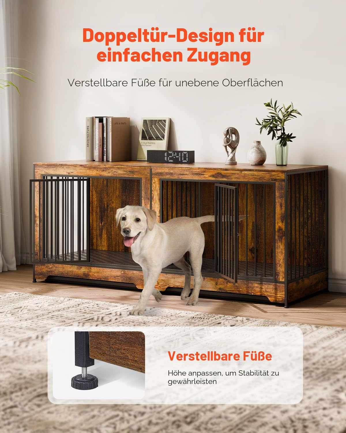 VEVOR Hundekäfig Möbel für 2 Hunde, 1901 x 670 x 824 mm Doppel-Hundebox für große Hunderassen mit Trennwand & Doppeltüren, Hundehaus aus Holz, Beistelltisch für mittelgroße und große Hunde, Braun