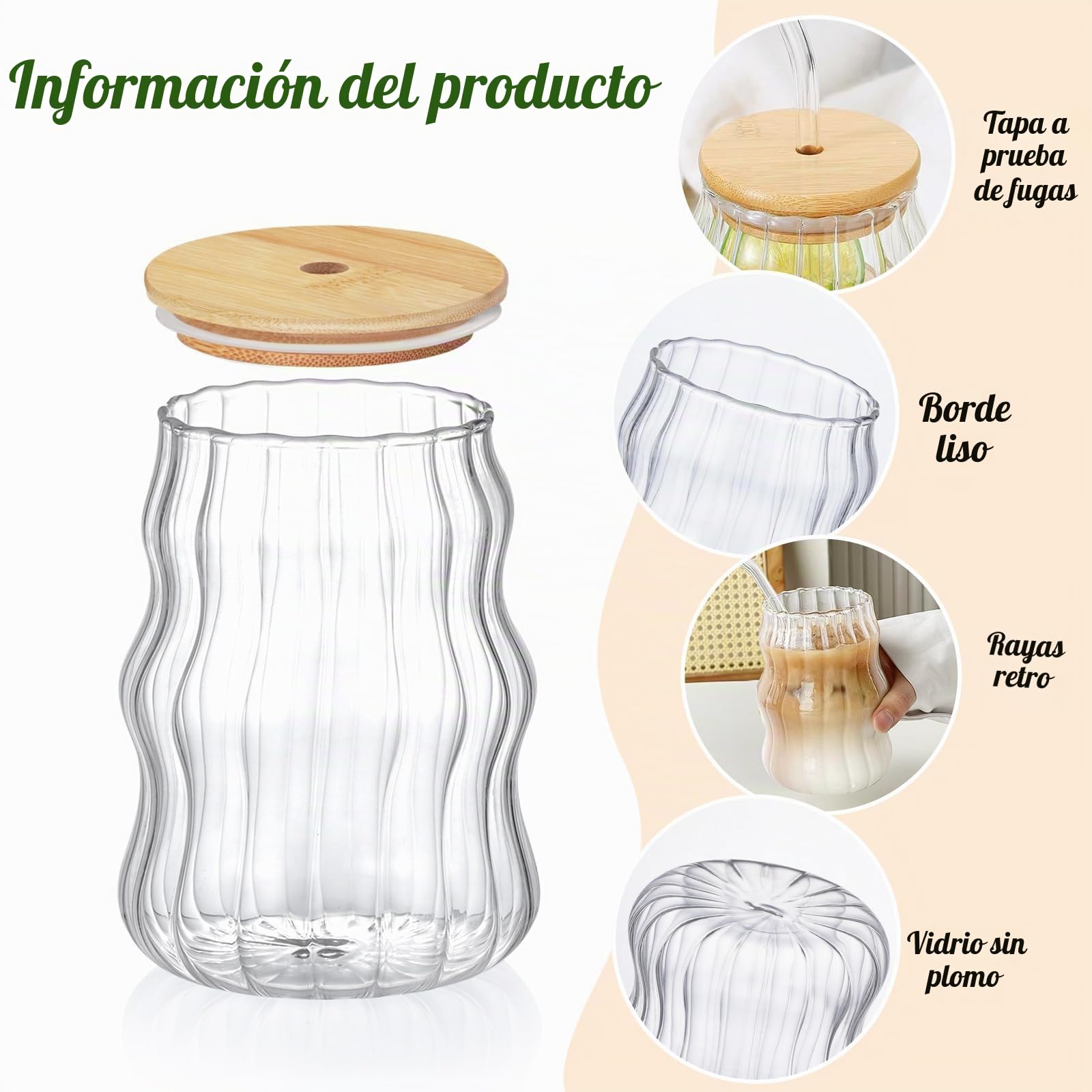 Juego de 4 Vasos de Cóctel, 500ML Tazas de Café de Cristal con Tapa y Pajita Reutilizable, Vasos de Jugo, Vasos Largos, para CóCteles/Whisky/Cerveza/Café Helado/Leche/Latte/Macchiato