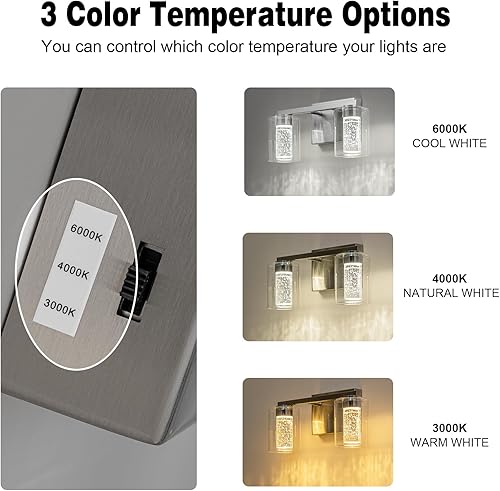 Miniatura 6 de SineRise Lámpara de tocador de 2 luces de níquel cepillado con 3 modos de color (3000 K4000 K6000 K), lámpara LED de baño con protección ocular, luz