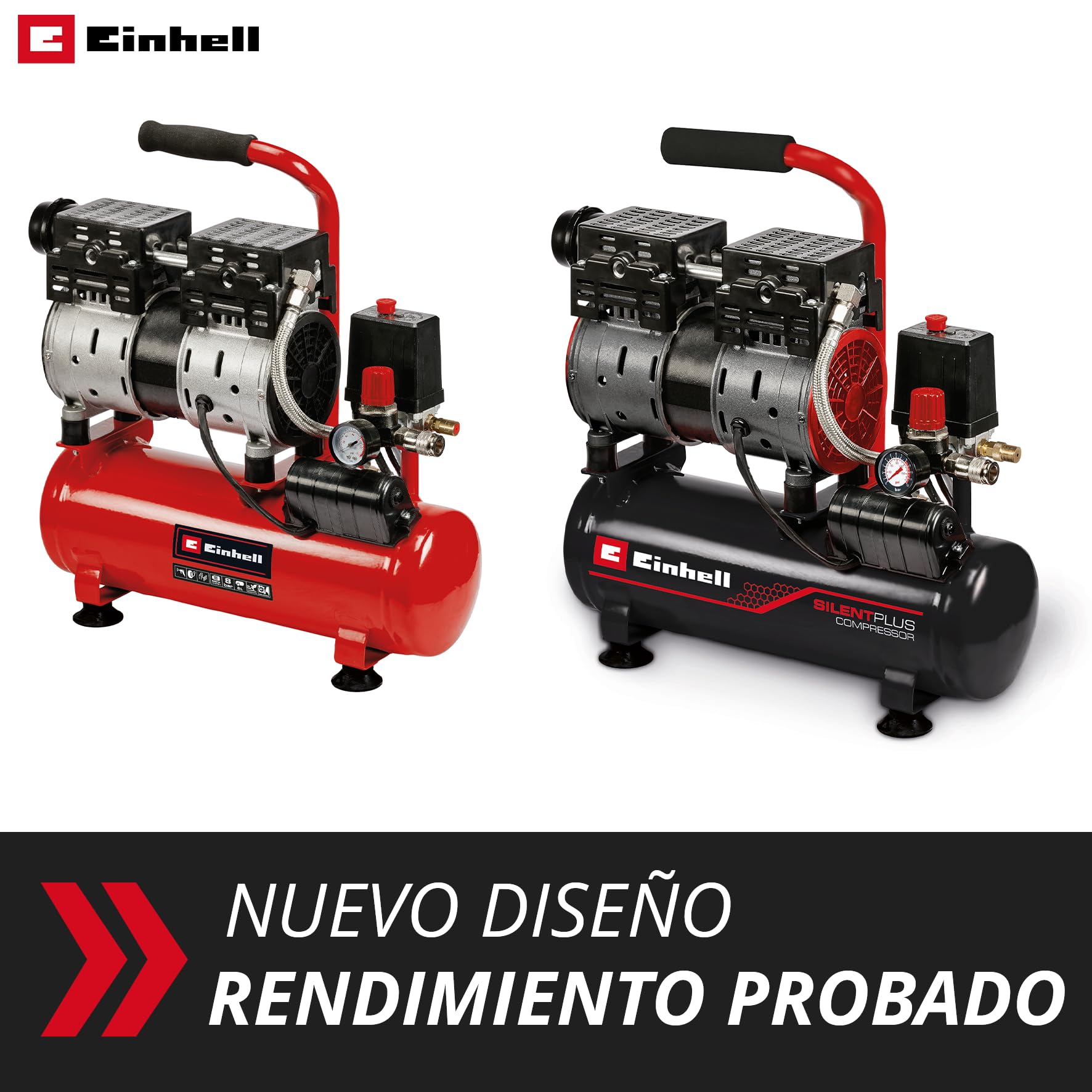 Compresor TE-AC 110/6 Silent Plus de Einhell (550 W, máx. 8 bar, depósito 6 l, potencia de aspiración 110 l/min, velocidad de motor 1450 rpm, manómetros, acoplamiento rápido, sin aceite)