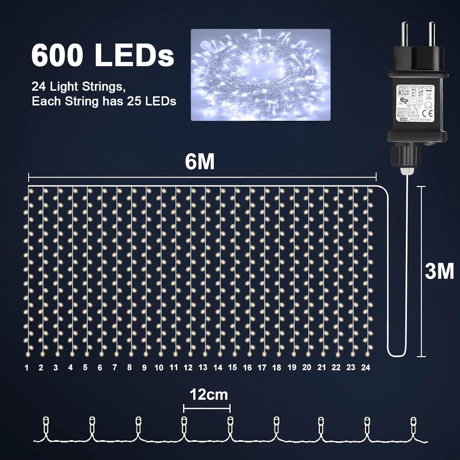 yowin Tenda Luminosa 600 LED 6m x 3m Luci Natale Esterno, 8 Modalità Tenda Luci Natale IP65 Impermeabile Cascata Luci per Giardino Matrimonio Feste Interno Addobbi Natalizie - Bianco Freddo