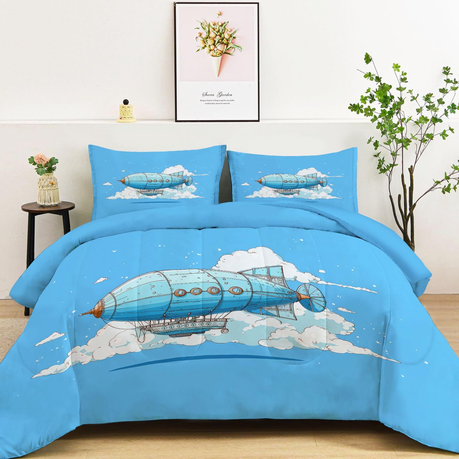 Cartoon Style Quilted Comforter Set Queen Size, Airship White Clouds Lightweight 3 Pieces Bedding Set, Blue Soft Warm Down Comforter 90" x 90" Quilted Bedding Sets for Girls Boys Kids