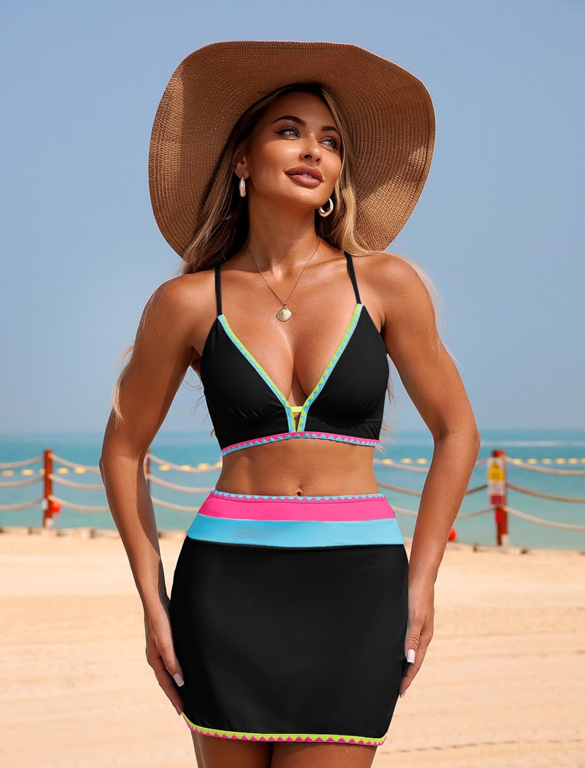 ZAFUL Women's High Waisted Bikini Sets Tummy Control Swim Skirt Color Block String Swimsuit Curvy Bathing Suits - Image 2