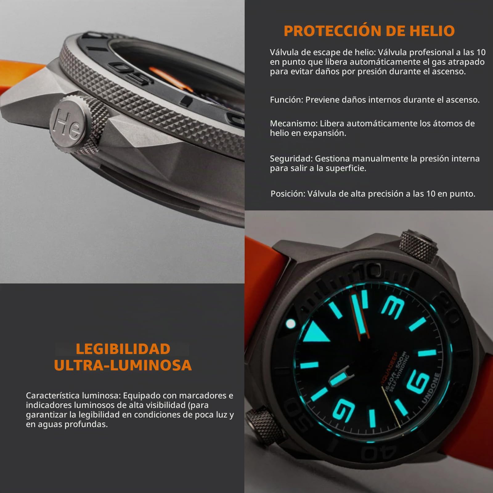 Undone Aquadeep - Reloj de Pulsera automático para Hombre, 43 mm, 500 m, Resistente al Agua, Correa de Goma, Titanio, 43mm, Reloj de Buceo