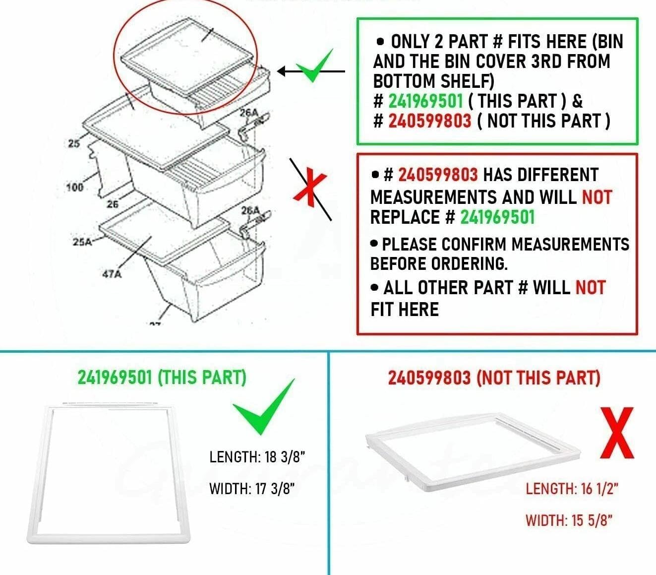 241969501 Meat Pan (Top) Shelf Frame - for Household Frigidaire Refrigerator Crisper Drawers Cover - Fridge plastics vegetable Deli Drawers pan Cover Frame Replacement - W 17-3/8 in x L 18-3/8 in