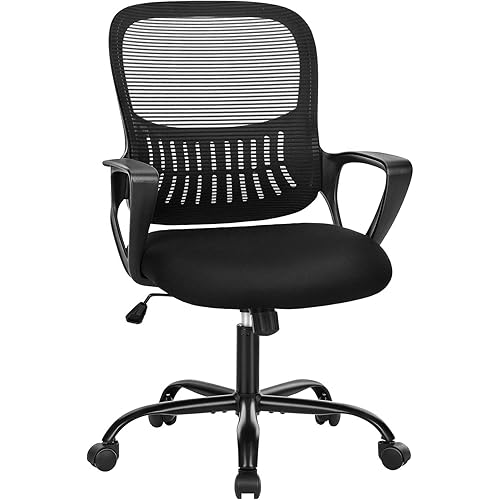 SMUG Office Chair Mid Back Computer Ergonomic Mesh Desk with Larger Seat, Executive Height Adjustable Swivel Task with Lumbar Support and Armrests for Women Adults, Black