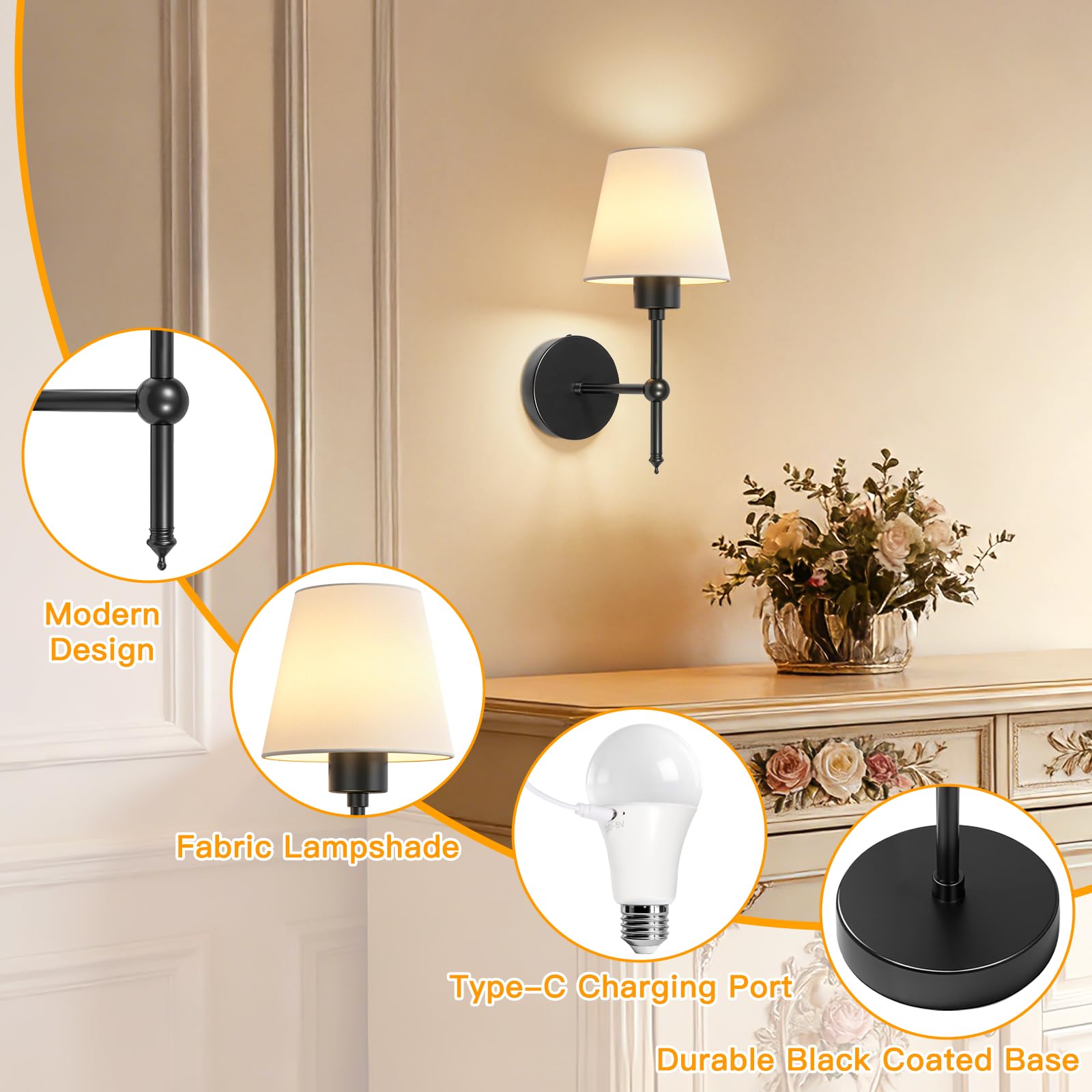 Apliques de Pared Interior, Lámparas de Pared LED Recargables con Batería Juego de 2 Lámpara LED Ajustable, 3 Temperaturas 12 RGB, Mando - Ideal Dormitorio Salón Pasillo - Negro