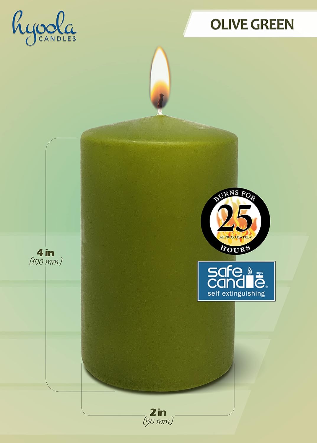 Hyoola Olive Green Pillar Candles 2x4 Inch - 4 Pack Unscented Pillar Candles Bulk - European Made
