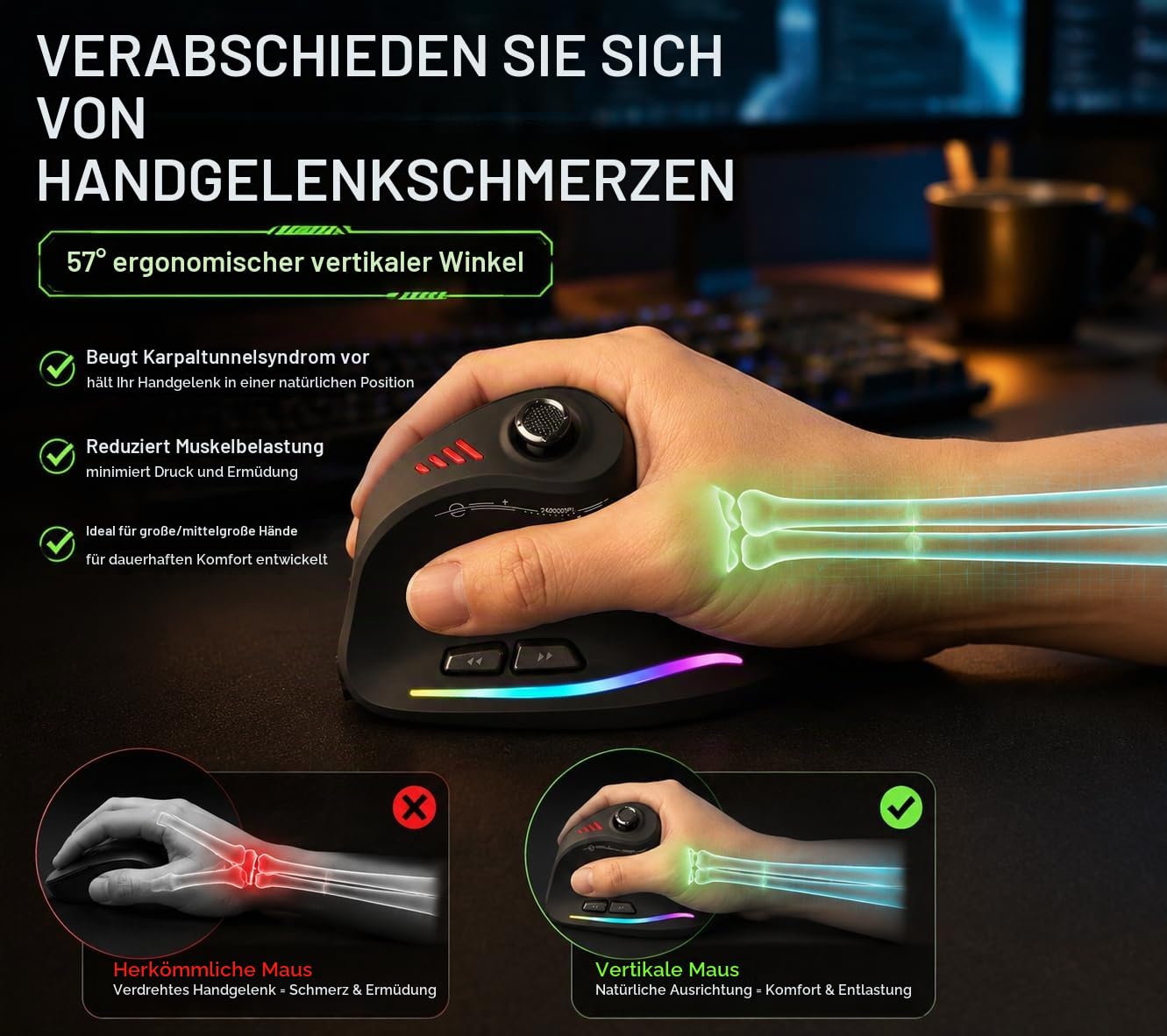 TKMARS Kabellose Ergonomische Maus mit Joystick, vertikale Bluetooth-Gaming-Maus, 12 programmierbare Tasten, 24000 einstellbare DPI, Gaming-Maus für PC, MacBook und Laptops