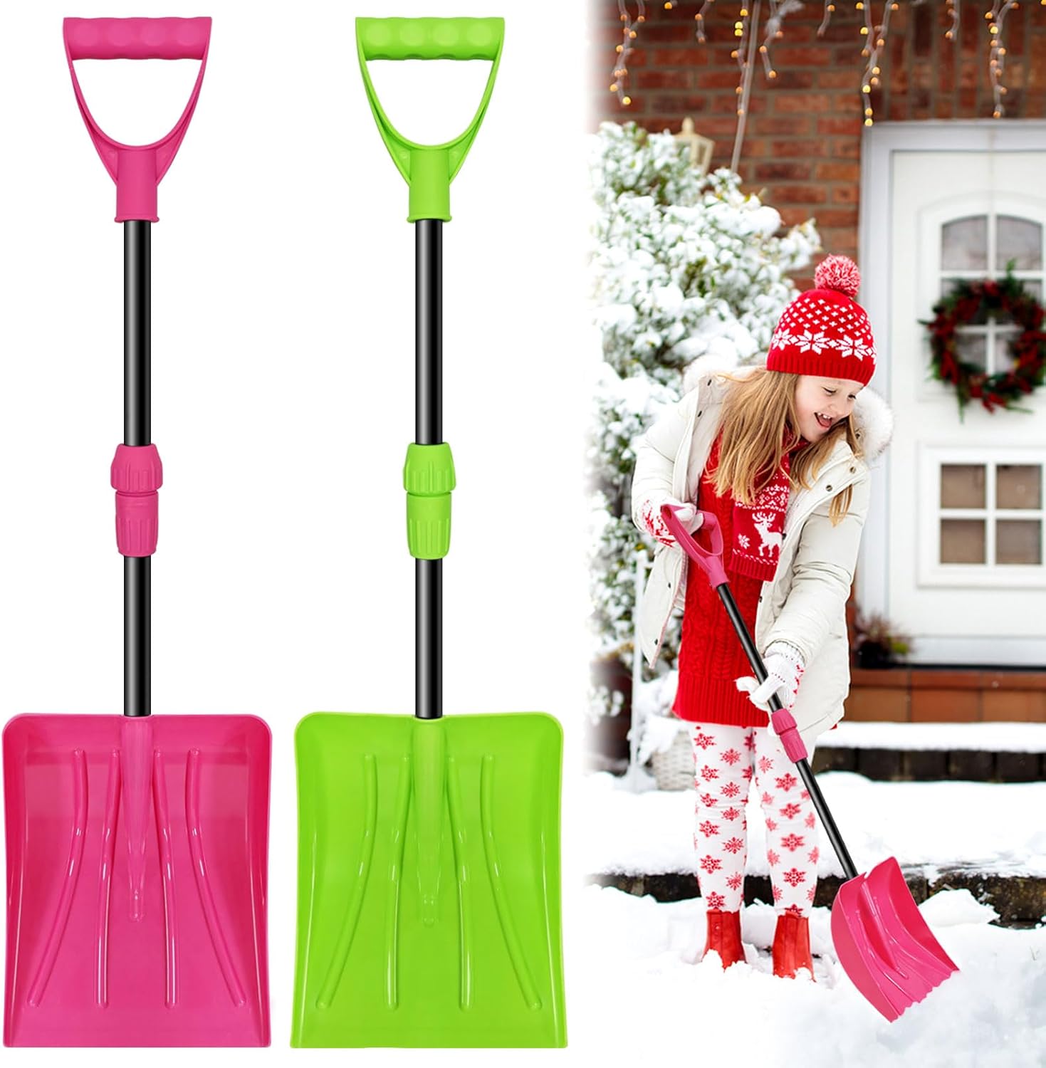 2 Pack Kids Winter Snow Shovel, Detachable Three-Part Rose Red & Green Plastic Kids Snow Shovel, Adjustable 27.5-35 inch with D-Grip Handle,Winter Toys Gifts for Boys Girls Playing (Rose red & Green)