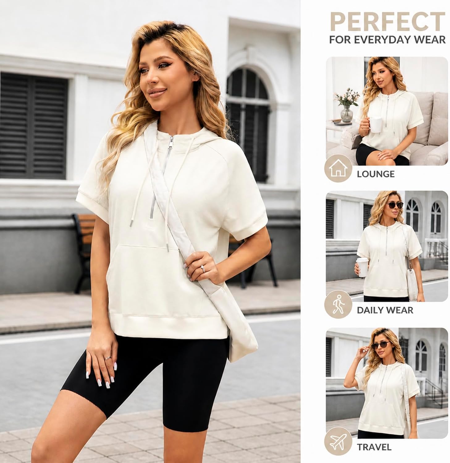 Mars Guard Womens Short Sleeve Hoodie Half Zip Lightweight Oversized Pullover with Pocket Casual Athleisure Top