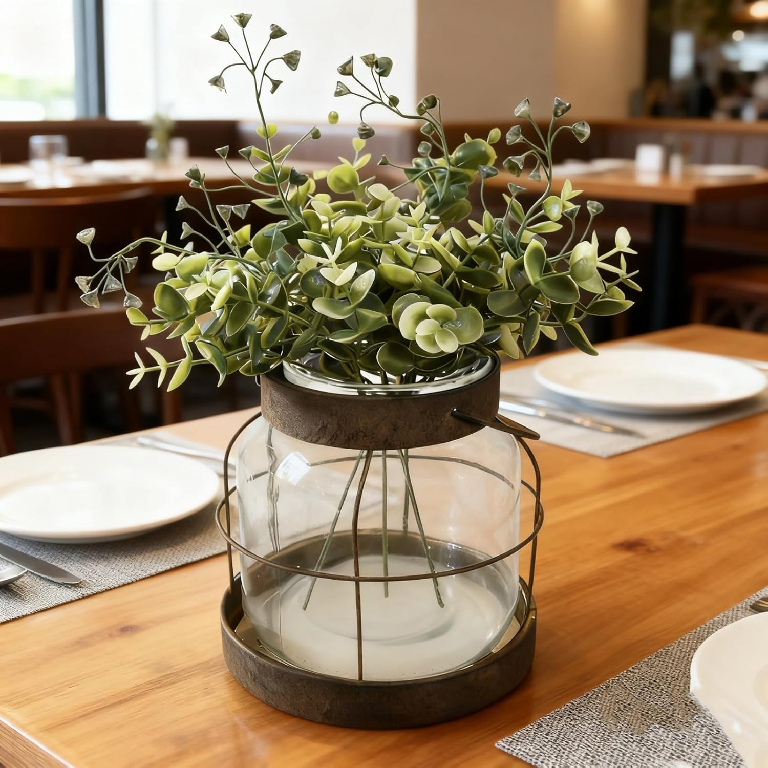 Iron Art Glass Vintage Vase, 6.3 x 6.3 in Farmhouse Vase with Artificial Eucalyptus, Rustic Lantern Decor with Metal Handle, Tabletop Centerpiece - Image 2