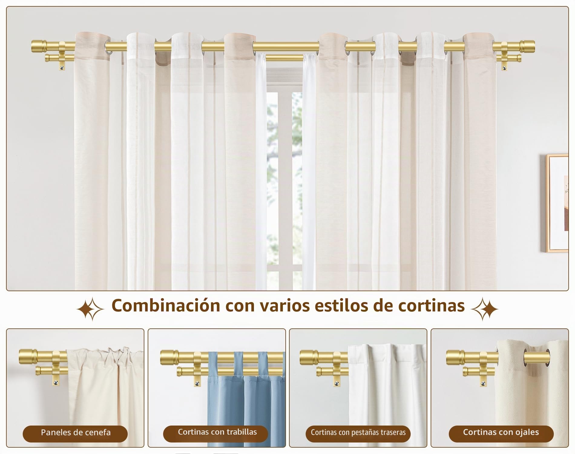 HOTOZON Barra Doble para Cortinas Dorada 190-355 cm, Barras Extensibles de 25 mm para Cortinas con Ojales, Barra para Cortinas de Ventana Montada en la Pared con Remates con Tapón Para Salón