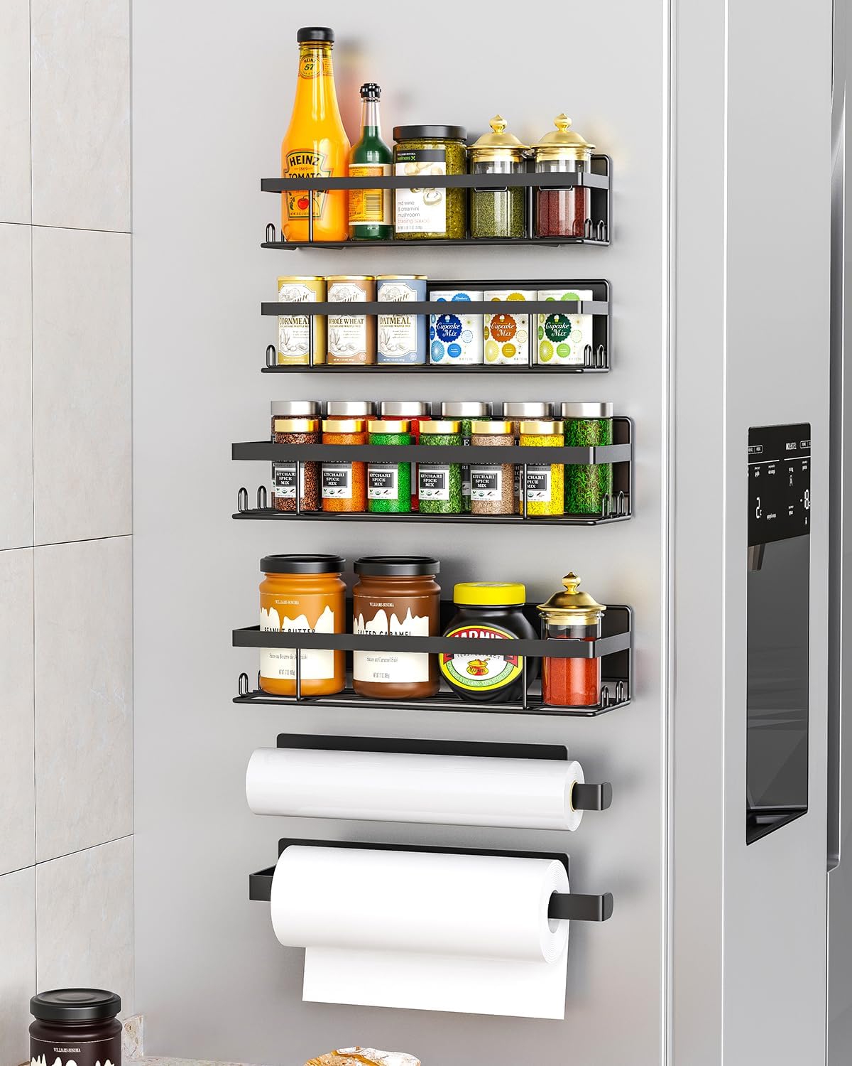 Uamector 6 Pack Magnetic Spice Rack, Rust-Proof, Stainless Steel, Black, Storage Rack