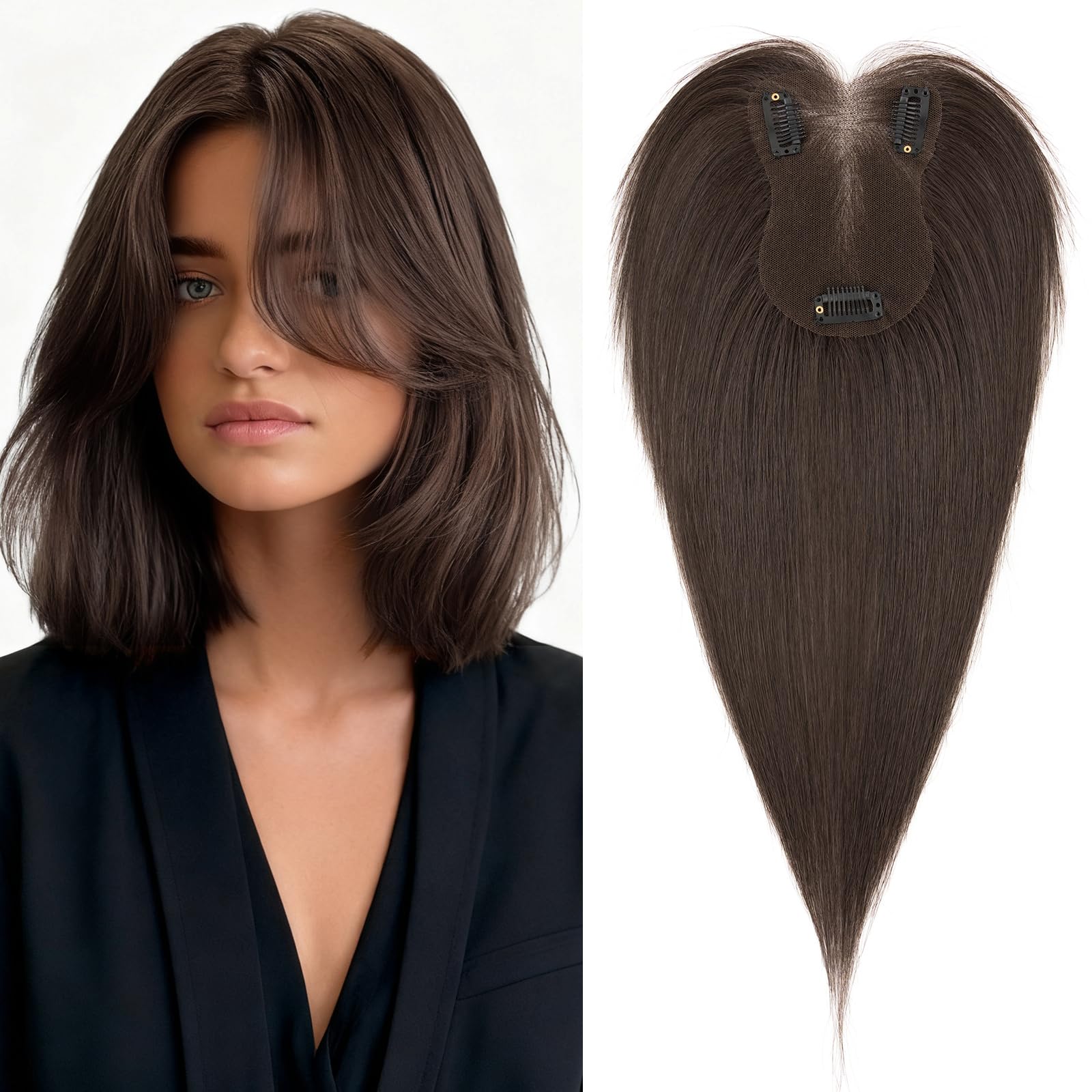 MY-LADY Topper Cabello Humano Mujer Sin flequillo Topper Cabello Clip Natural Marrón Oscuro 19g Hecho a Mano Base Encaje Ultraligera 30cm