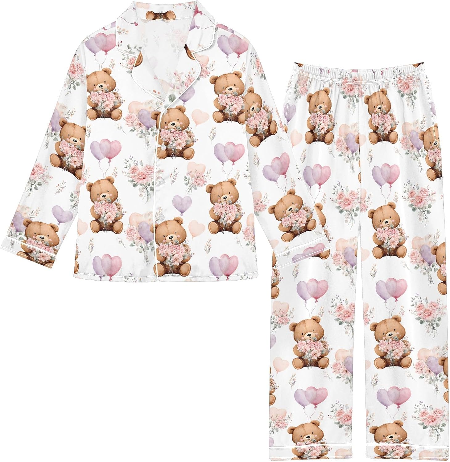 Kids Casual Satin Wear Set Watercolor Brown Bear Pattern Unisex Relaxed Fit Clothing