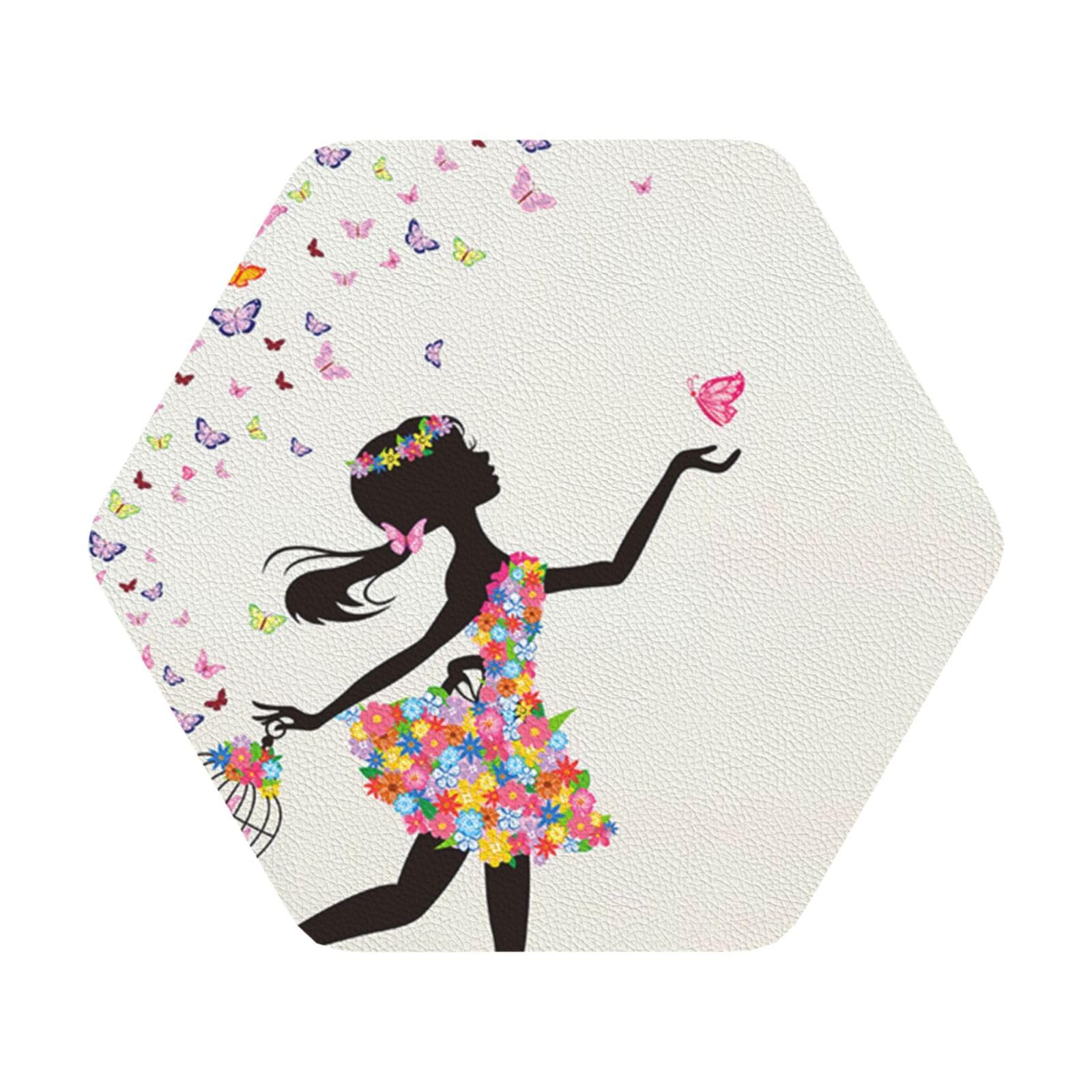 Girl Dance Butterfly PU Leather Coasters Set of 6 Hexagon Drink Coasters