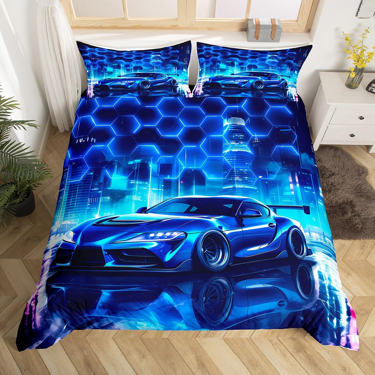 Parure de lit 200x200 cm race car bleu en microfibre douce Homemissing