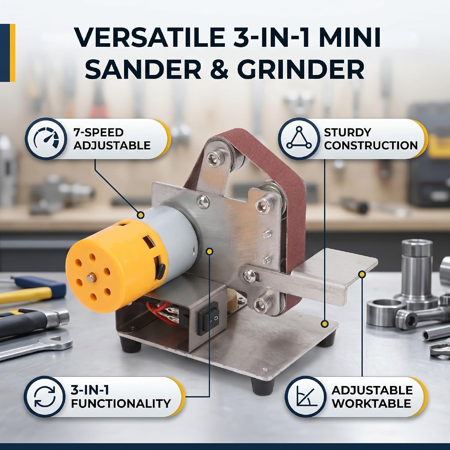Fafeicy 3 in 1 Mini Belt Sander, 7 Speed Adjustable Electric Bench Grinder for Metal Wood Jewelry
