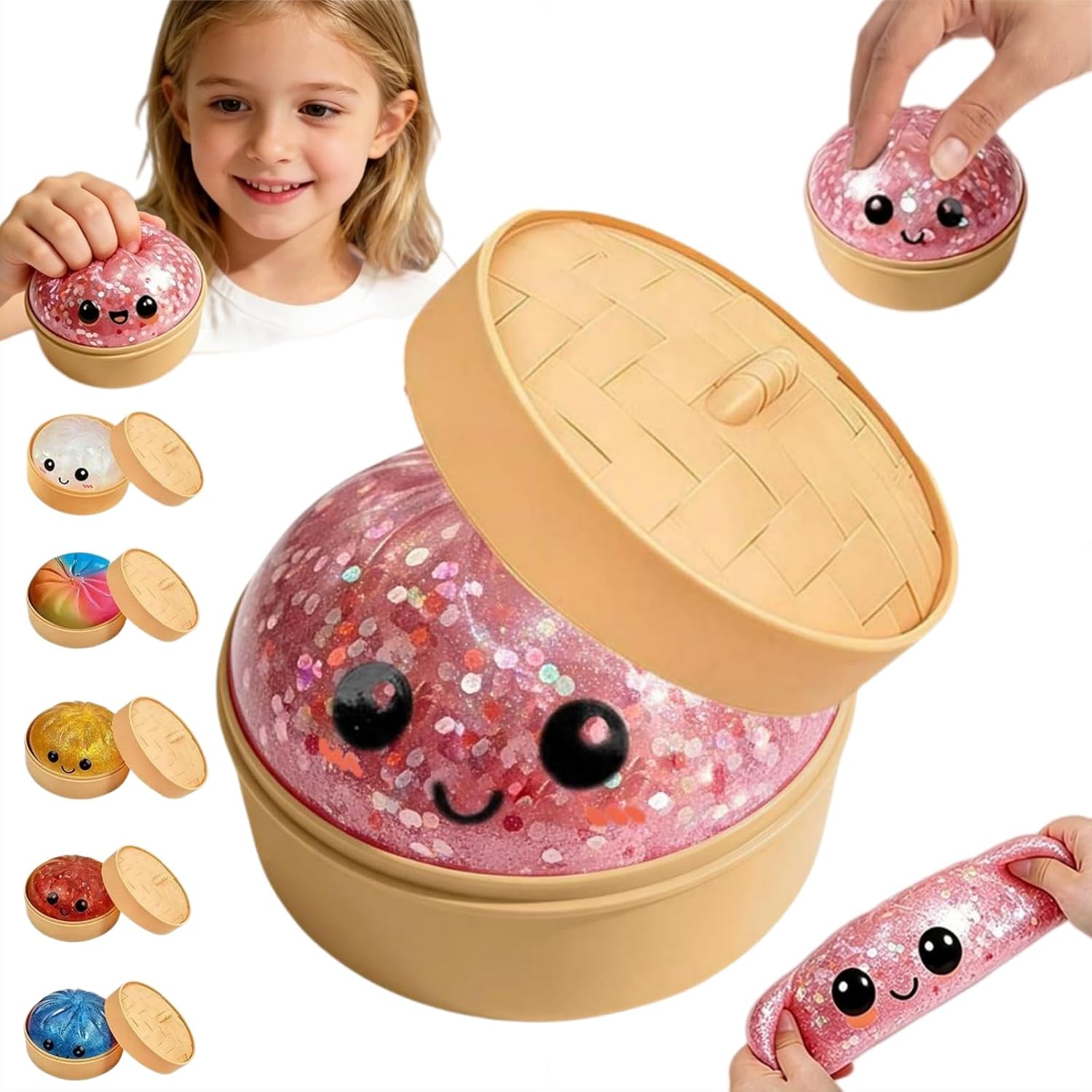 Dumpling Squishies,Giant Glitter Dumpling Box,2026 New Colorful Dumplings Stress Balls Fidget Sensory Toy,Soft Squeeze Decompression Dough with Food Steamer, for Stress Relief Home Office Decor