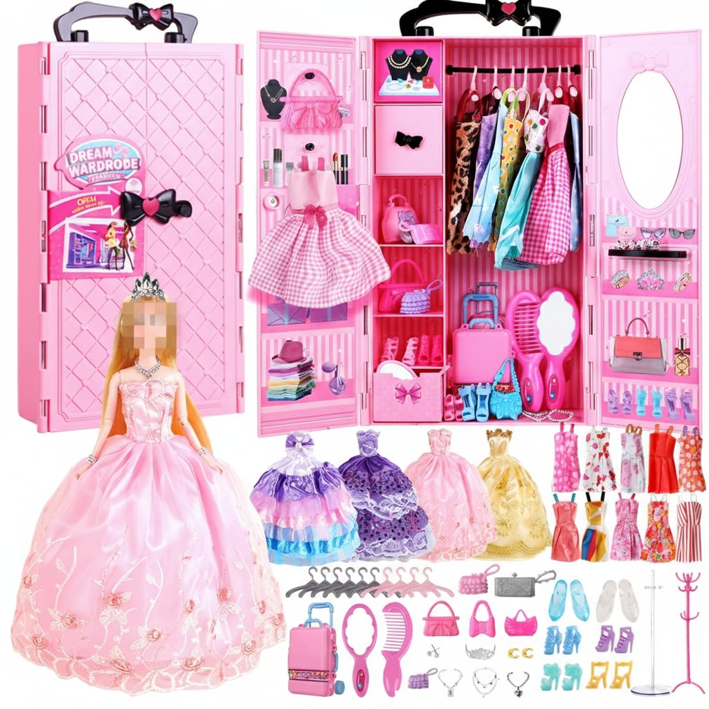 UCanaan Doll Closet Wardrobe for 11.5 Inch Girl Doll Clothes and Accessories Storage - Lot 51 Items Including Wardrobe, Trunk, Casual Wear, Dress, Swimsuits, Hangers, Shoes, Bags，Necklaces