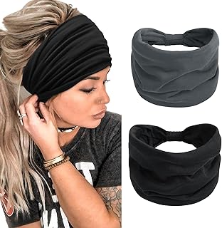 Paquete de 2 diademas para mujer, bohemias, extra anchas de 7 pulgadas, color negro, anudadas africanas, antideslizantes, elásticas, para yoga, entrenamiento, correr, gimnasio, bandas para el