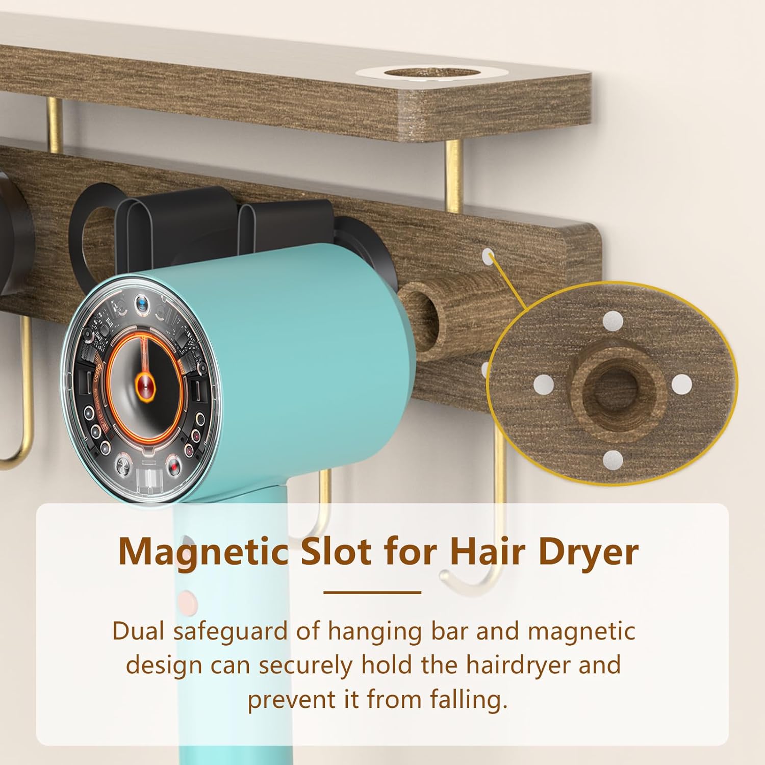Affogato Hair Dryer Holder Wall Mount Compatible with Dyson Supersonic, Blow Dryer Accessories and Attachments Organizer Storage Rack, Wood