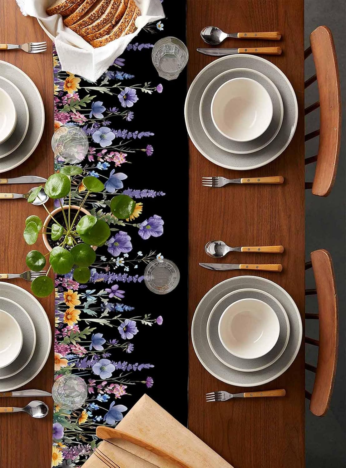 Table Runner Dresser Scarves Purple Watercolor Wildflower Flower Black Background Design Kitchen Art Dining 18"W 72 in Long Table Runners Washable Non-Slip Rectangle Table Setting Party Holiday Decor