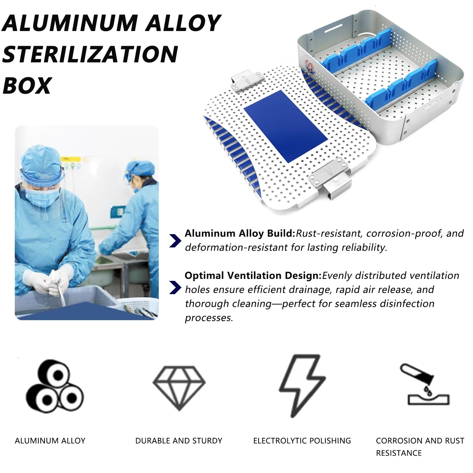 Caja de Esterilización de Aluminio con divisores de Silicona y Tapa Cerradura Segura | Caja de esterilización para gabinetes de Almacenamiento hospitalario(11.8in*7.9in*2in)