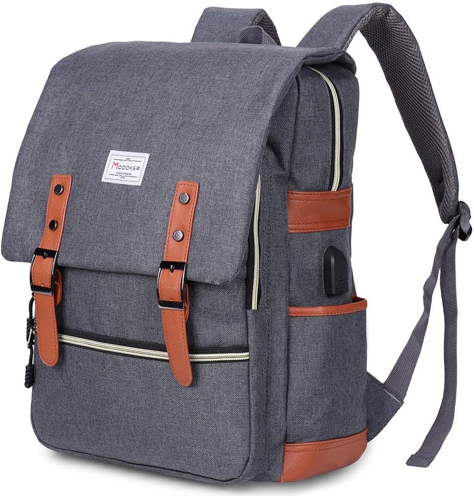 Modoker Vintage Laptop Backpack for Women Men,School College Backpack with USB Charging Port Fashion Backpack Fits 15 inch Notebook (Grey)